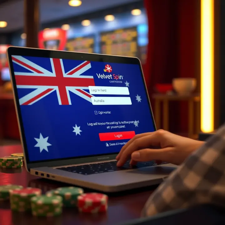 User logging into Velvet Spin Casino on a laptop with Australian flag overlay