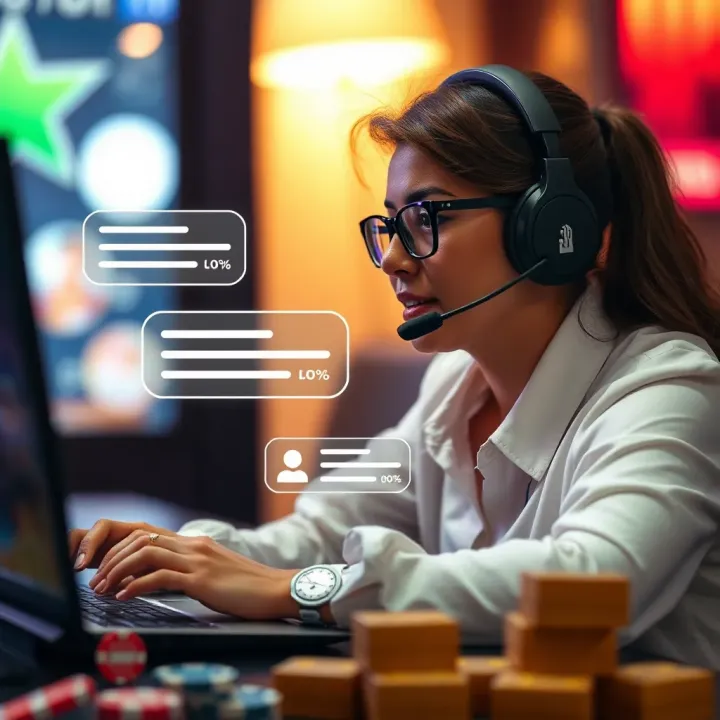 Visual representation of a customer support interaction resolving an online casino dispute with chat bubbles and satisfaction icons