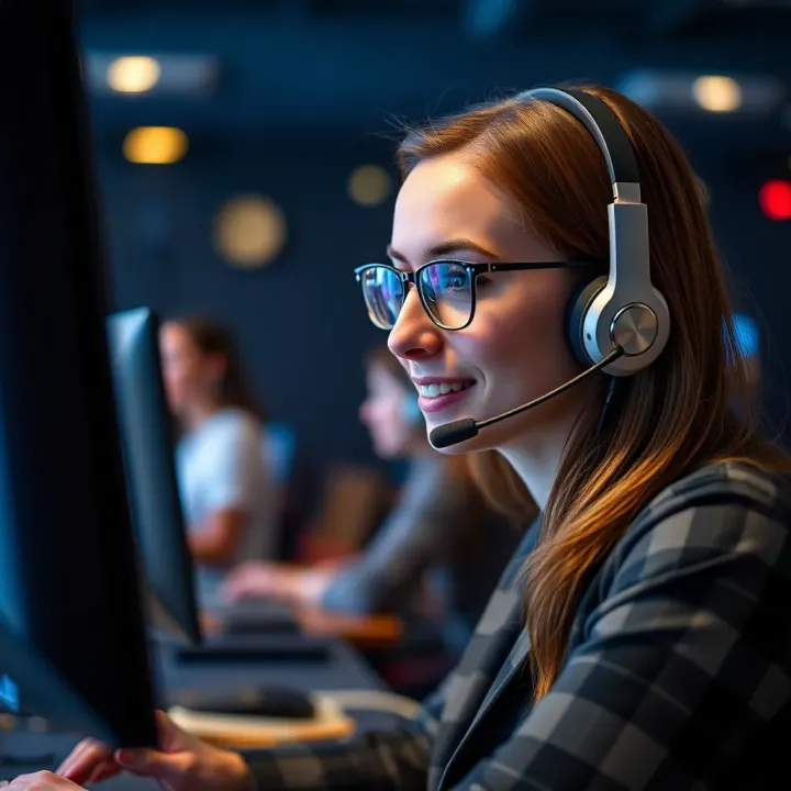 Customer service representative with headset providing online assistance