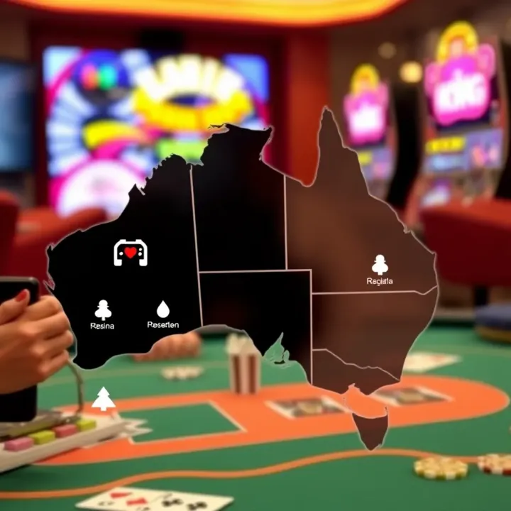 Legal Landscape and Safe Gaming Practices for Australian Online Pokies Australian map highlighting regions with regulated online pokies alongside responsible gaming icons