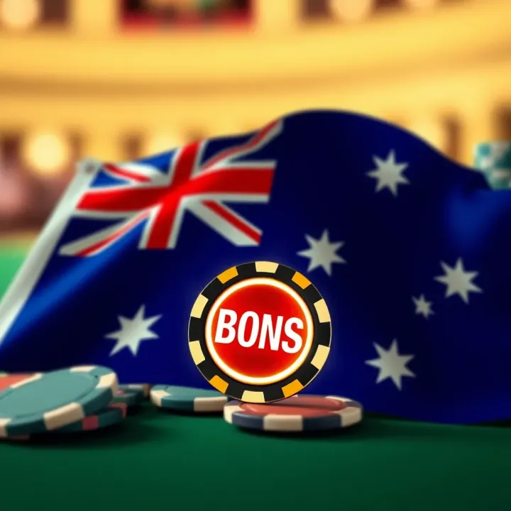 Illustration of Australian flag with casino chips and a glowing bonus symbol