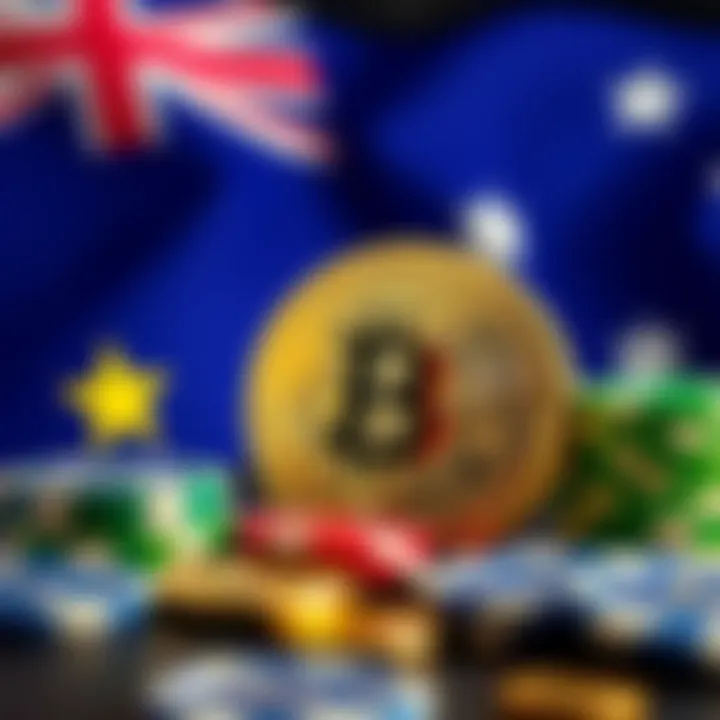 Australian flag with Bitcoin coin and casino chips representing BTC deposits