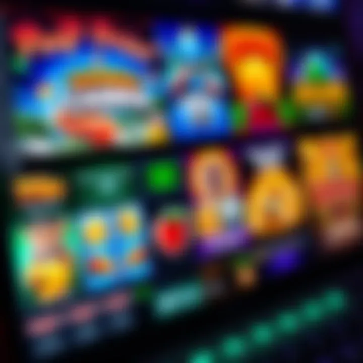 Variety of colorful casino slot games on a digital screen with vibrant graphics and engaging themes