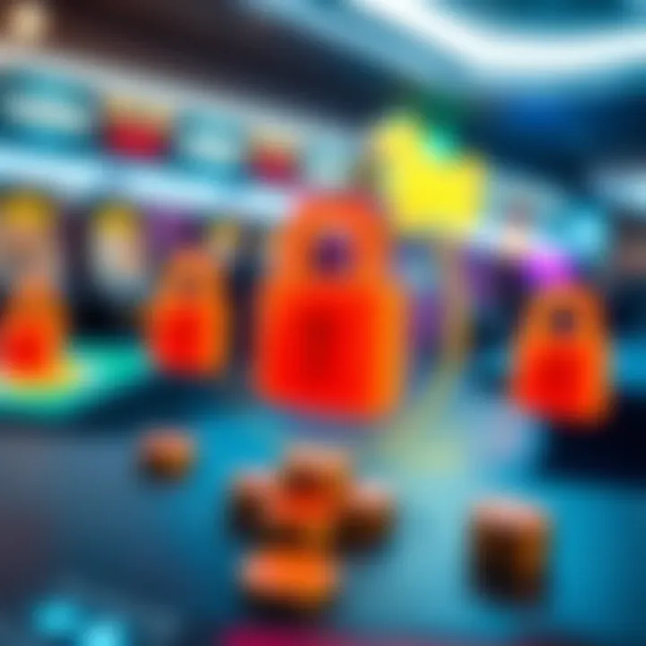 Graphic showing a secure online casino environment with padlock icons and bonus tokens