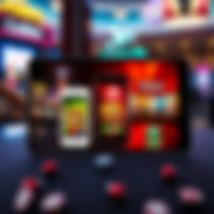 Illustration of various mobile devices including smartphones and tablets indicating compatibility with PlayAmo Casino app