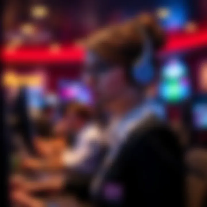 Customer support agent assisting with online casino queries via headset