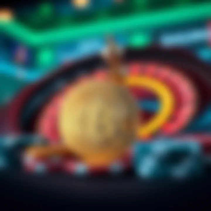 Digital representation of Bitcoin coins with casino chips and a glowing roulette wheel in the background