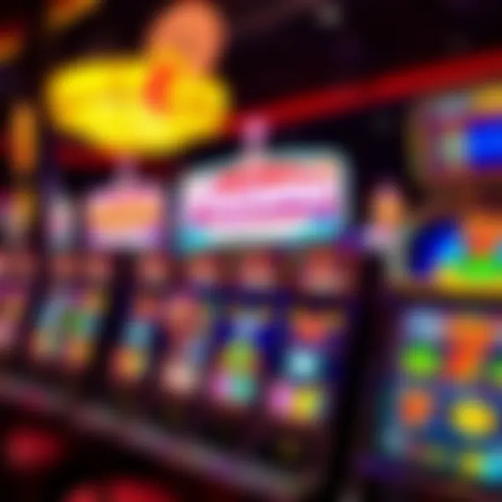 Colorful slot machine reels with various symbols under bright casino lights