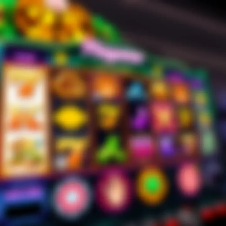 Colorful online casino slot game interface with vibrant symbols and spinning reels