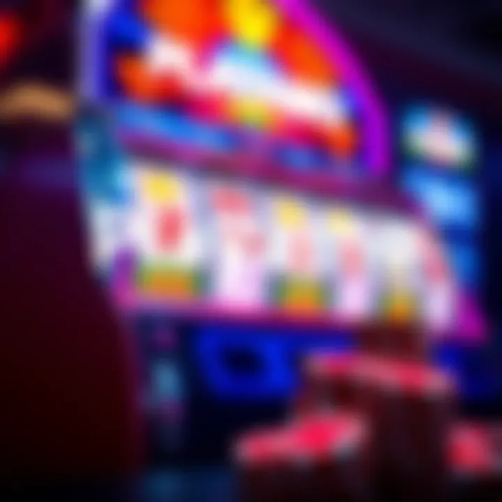 Colorful slot machine with spinning reels and casino chips