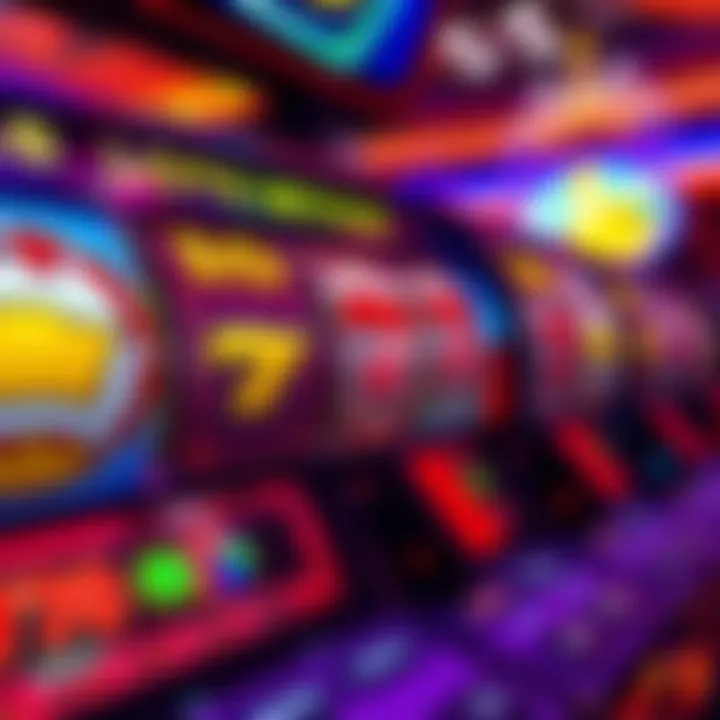 Casino slot machine with colorful spinning reels showing various symbols