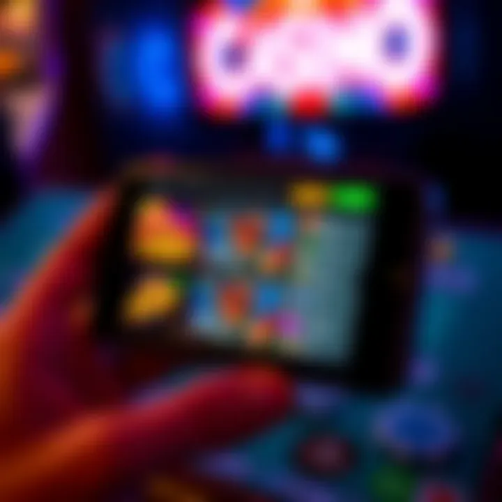 Smartphone displaying a vibrant online casino game interface with colorful graphics and betting options
