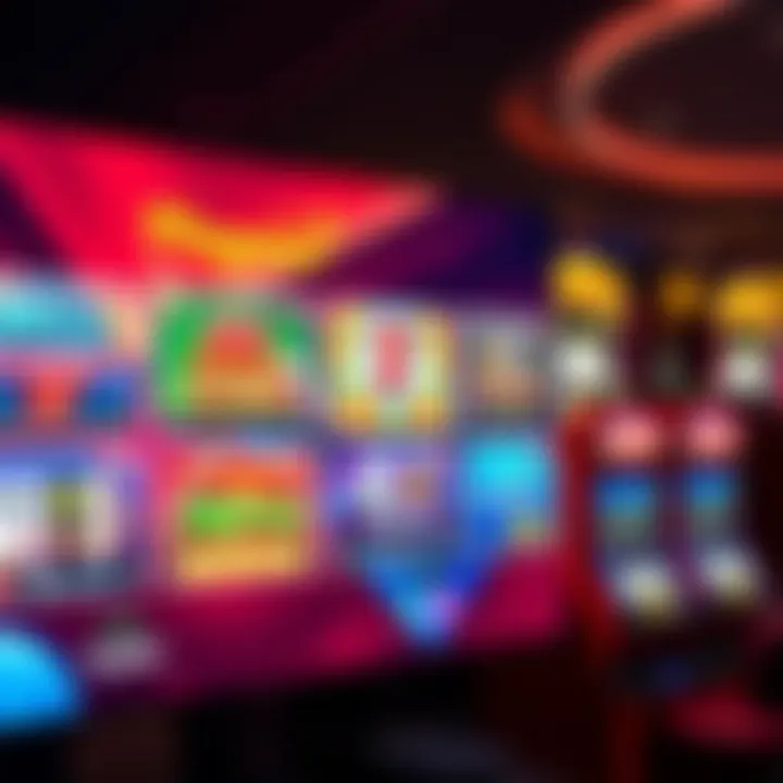 Colorful online casino interface showing slot machines and card games on a digital screen