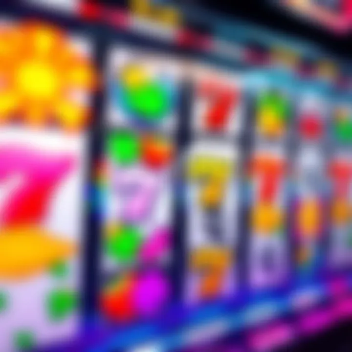 Colorful slot machine reels with various symbols like fruits and lucky sevens