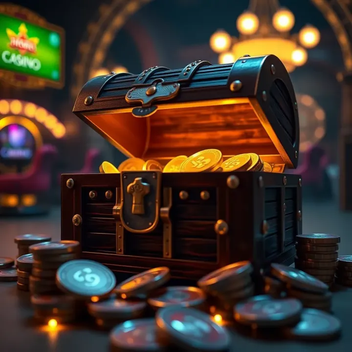 Symbolic Treasure Chest Highlighting Casino Promotions Illustration of a glowing treasure chest with coins and casino tokens