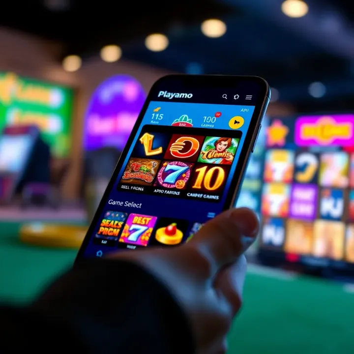 Playamo App Game Selection Interface Mobile phone displaying Playamo casino app game selection screen with colorful slot games icons