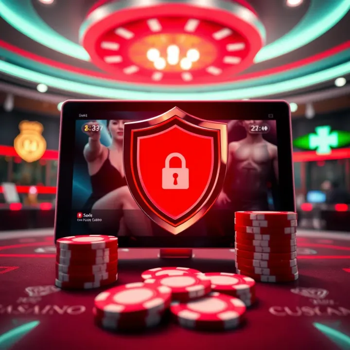 Safe online casino environment with secure digital shield and poker chips symbolizing protection