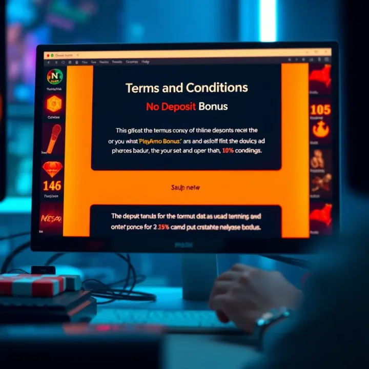 Graphic showing a computer screen with bonus terms and conditions highlighted for an online casino promotion
