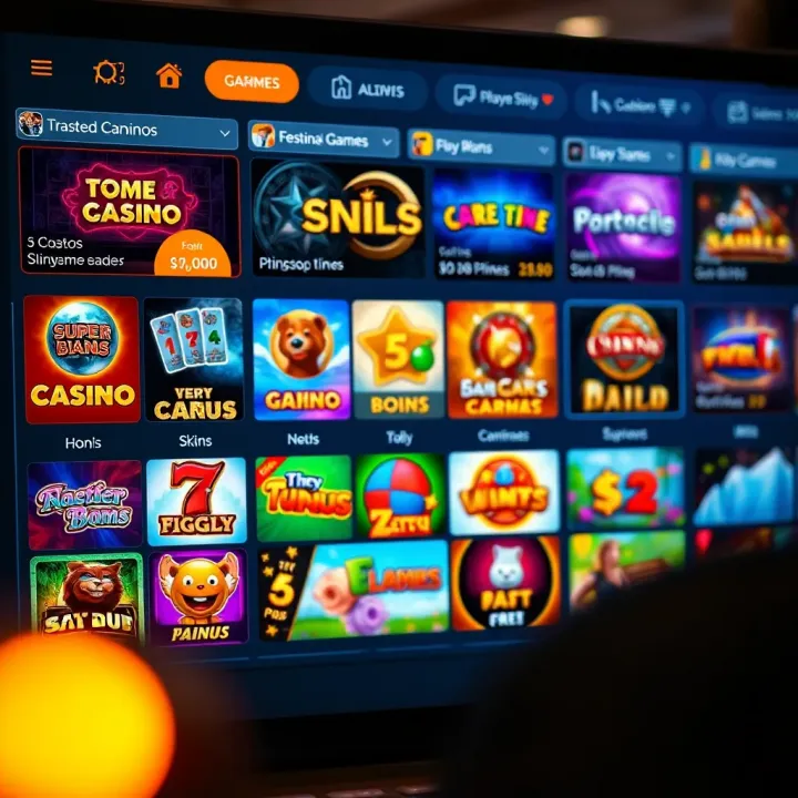 Digital interface showcasing different online casino game types with player ratings