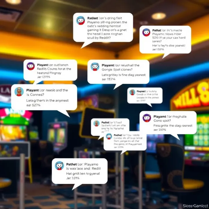 Reddit Insights on Popular Slots and Player Strategies Reddit community discussion bubbles highlighting popular Playamo slots and player strategies