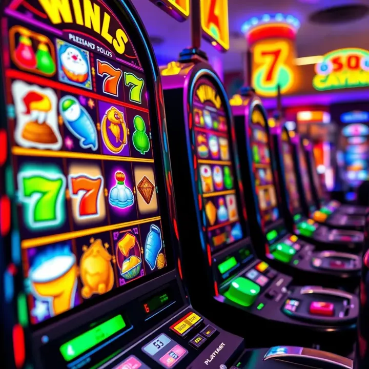 Colorful slot machine reels displaying various themed symbols and vibrant lights at Playamo casino