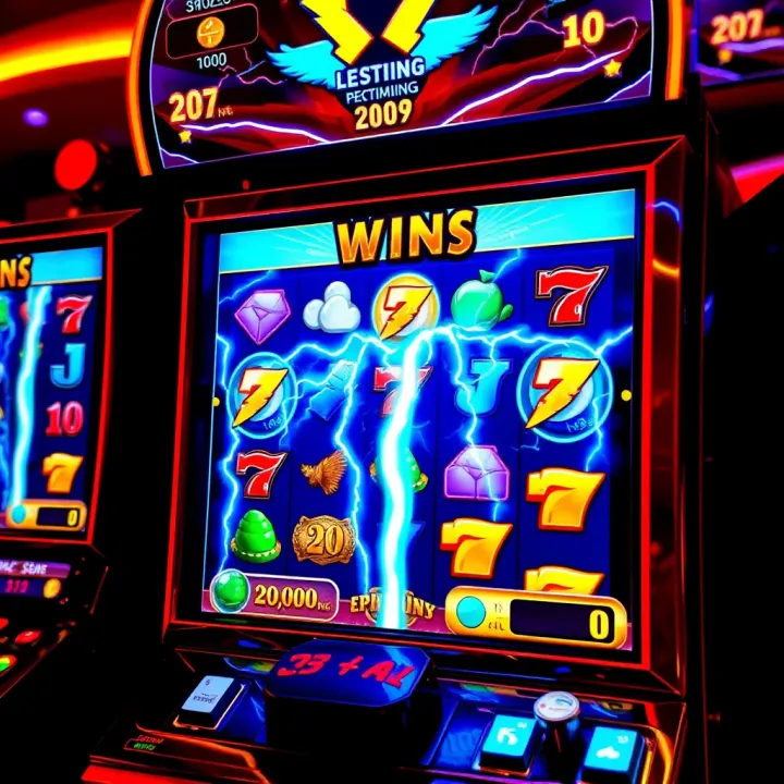 Lightning-Themed Slot Machine Gameplay Bright and dynamic slot machine screen displaying lightning-themed symbols and bonus features