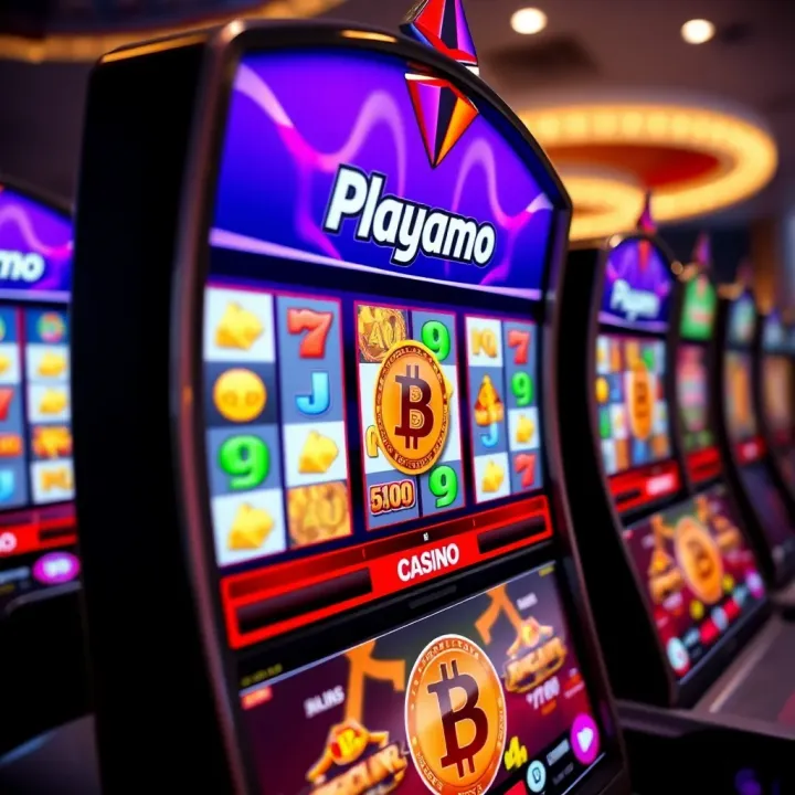 Digital slot machine displaying free slot games with colorful symbols and a Bitcoin logo