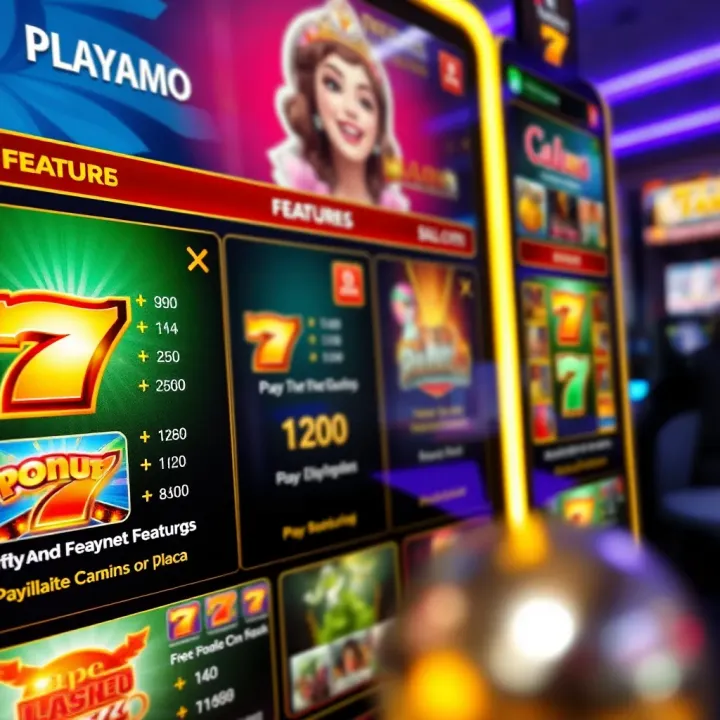 Bright casino interface showing slot game options with payout rates and bonus features