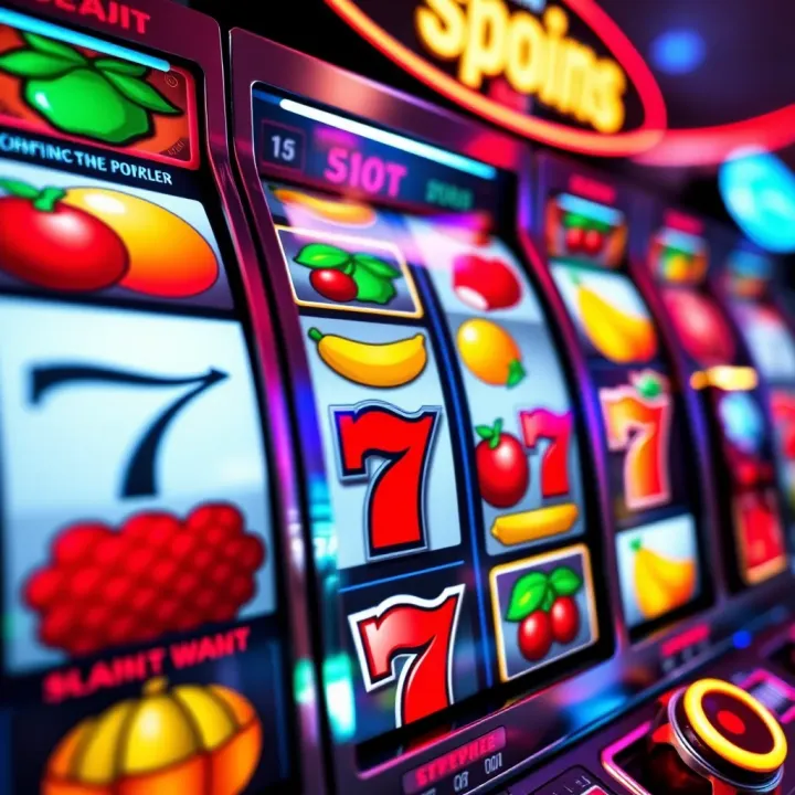 Colorful slot machine reels with various symbols including fruits and lucky sevens
