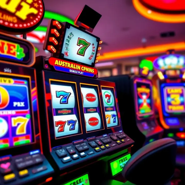 Vibrant Display of Australian Online Pokies Game Colorful Australian online pokies game screen with spinning reels and various symbols