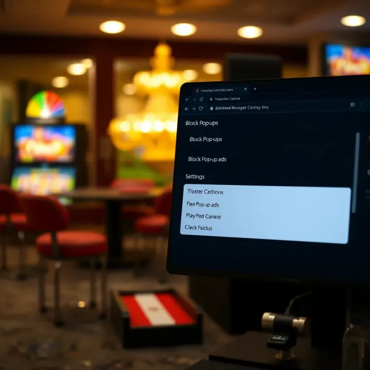 Browser window displaying settings menu for blocking pop-up ads on PlayAmo Casino site