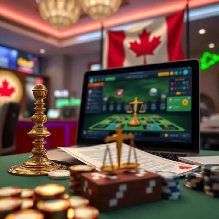 Illustration of a secure online gaming environment with legal documents and a Canadian flag