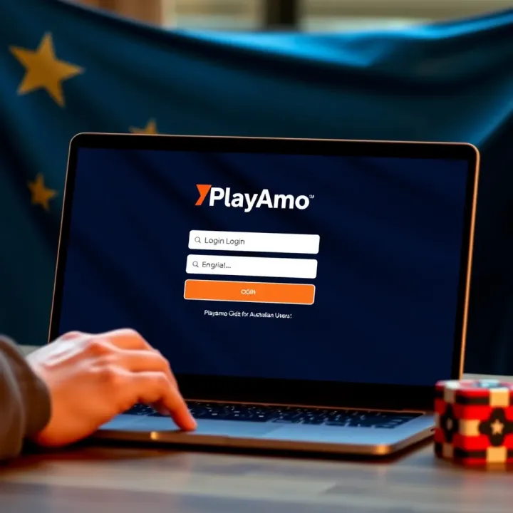 User accessing Playamo login portal on a laptop with Australian flag background