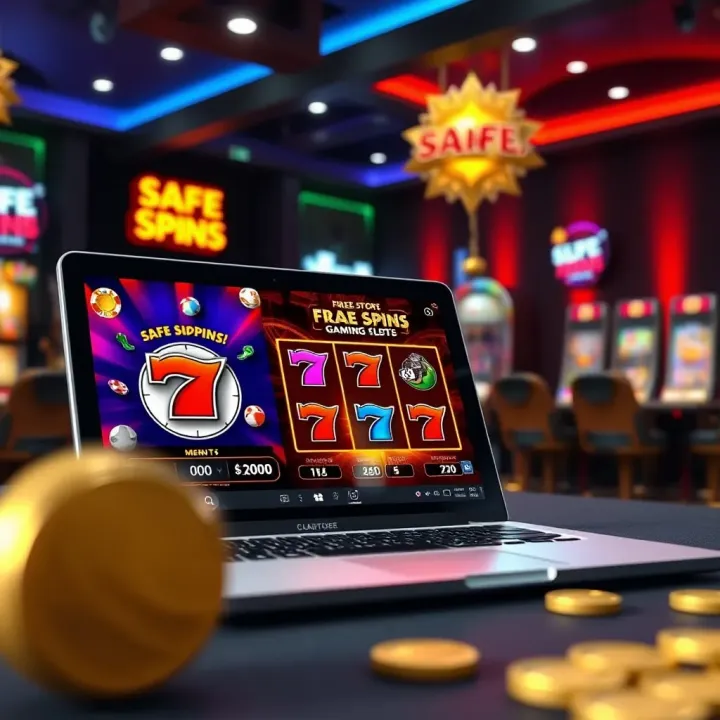 Illustration of secure online gaming environment with a laptop displaying safe slot gameplay