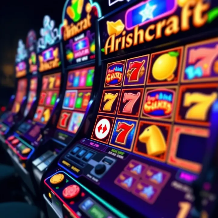 Vibrant Online Aristocrat Pokies Interface Bright and colorful online slot machine screen featuring various Aristocrat pokies symbols and buttons