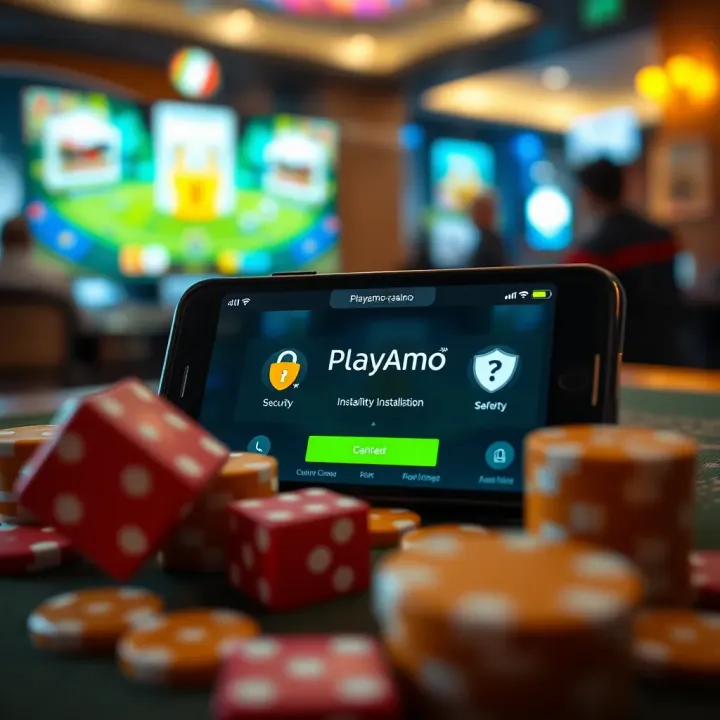 Illustration of a smartphone displaying the Playamo APK installation screen with security icons
