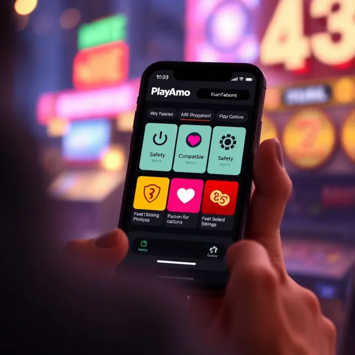 Mobile phone displaying PlayAmo app features with icons representing safety and compatibility