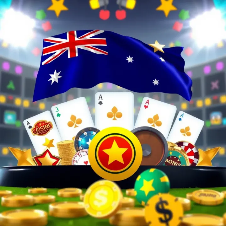 Illustration showing various casino bonus icons and Australian flag elements
