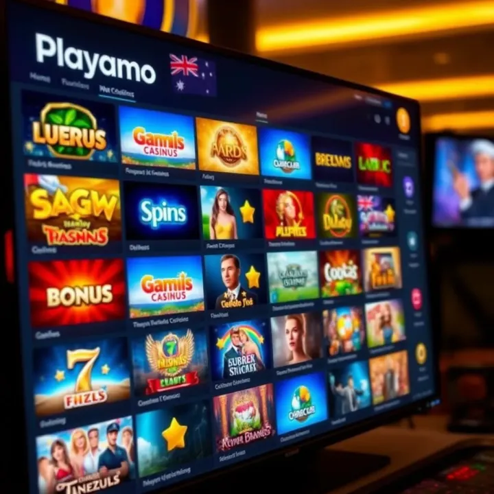 Variety of online casino games displayed on a digital screen with Australian-themed icons