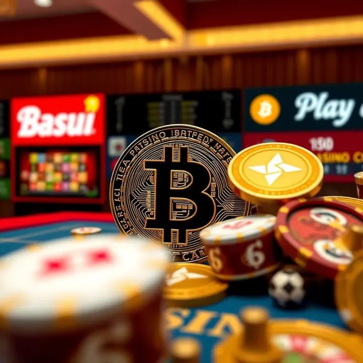 Illustration of Bitcoin symbol integrated with PlayAmo casino icons representing digital currency gaming