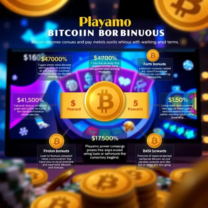 Graphic presenting various types of casino bonuses with a focus on Bitcoin rewards and wagering conditions