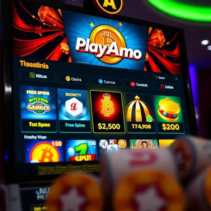 Interface showcasing PlayAmo Bitcoin Casino with colorful dice game and bonus offers