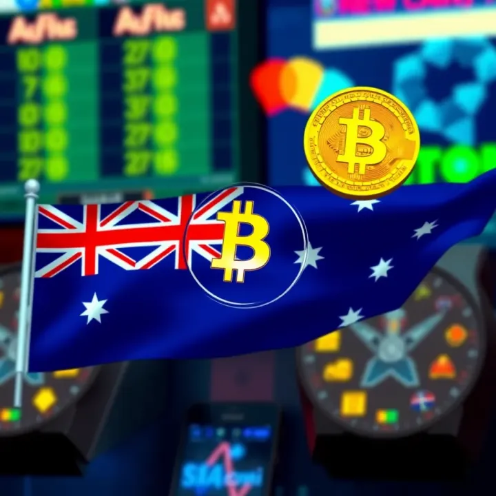 Secure Bitcoin Transactions for Australian Players at PlayAmo Illustration of secure digital transaction with cryptocurrency symbols and Australian flag