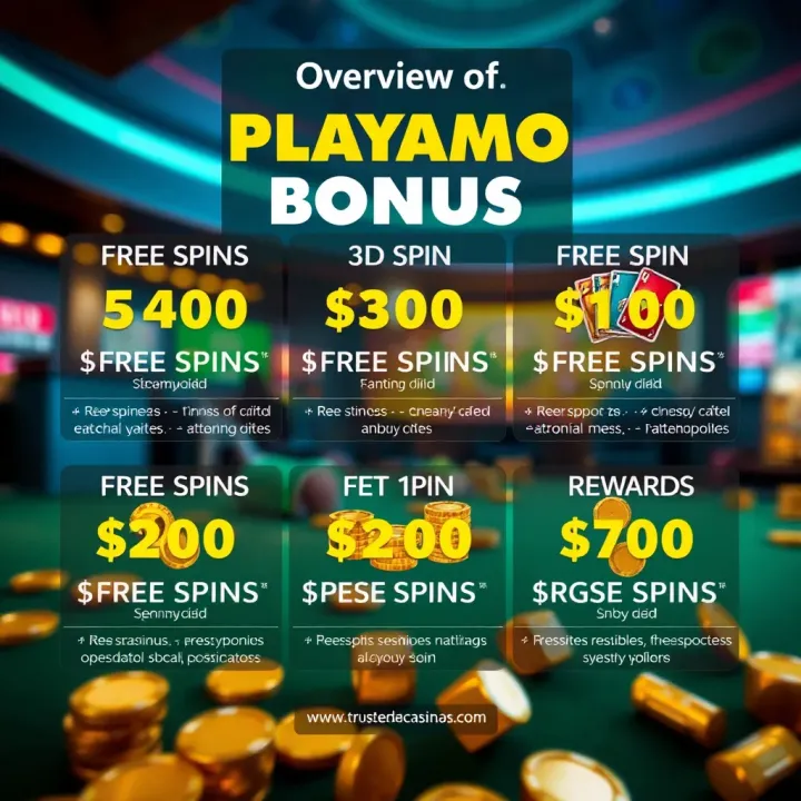 Illustration showing various Playamo bonus types including free spins and deposit matches