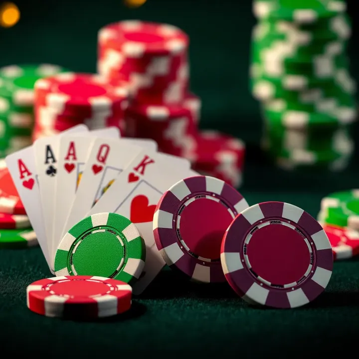 Colorful casino chips and playing cards representing online casino bonuses