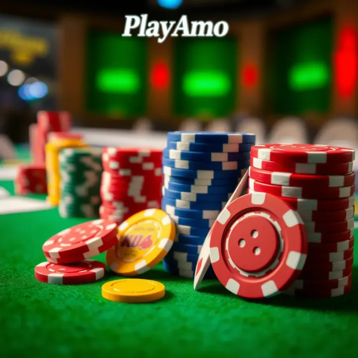PlayAmo Casino Bonuses and Promotions Colorful casino chips and playing cards on a green felt table symbolizing online casino bonuses