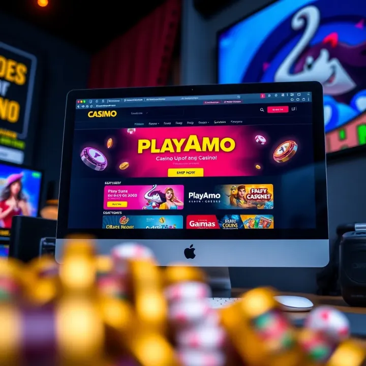 PlayAmo Casino Website Showcasing Bonus Offers Computer screen displaying PlayAmo casino website with bonus offers