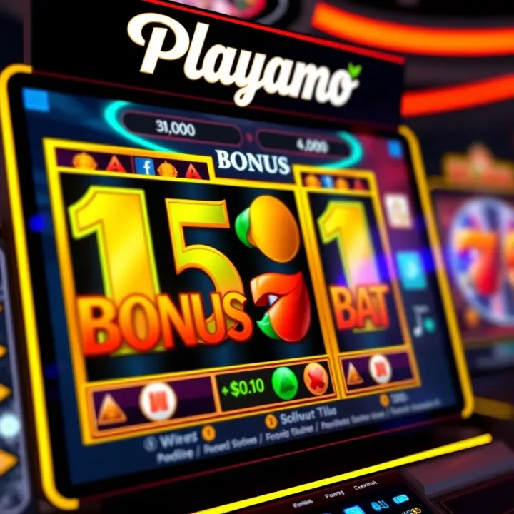 Playamo Casino Bonus Interface Display Graphic showing a digital casino interface with vibrant slot machine reels and bonus symbols