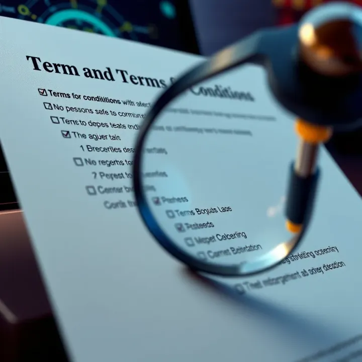 PlayAmo Bonus Terms and Conditions Overview Graphic showing a checklist and a magnifying glass highlighting terms and conditions for bonus eligibility