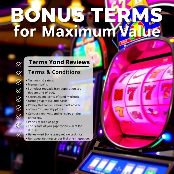Understanding Bonus Terms for Maximum Value Graphic depicting a checklist of terms and conditions next to a spinning slot machine, emphasizing careful review of bonus rules